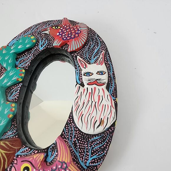 VTG Oaxacan Carved Wood Mirror Frame Oval Handed Paint Fish Cactus Bird Fox 7" - Picture 3 of 14